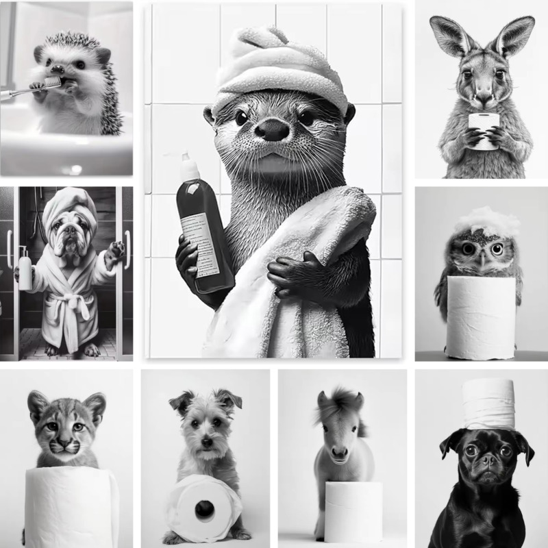 Home Decor Scrap - 動物浴室トイレットペーパーキャンバス絵画ポスターカワウソハリネズミキリンギフト壁ルーム家の装飾黒、白プリント現代