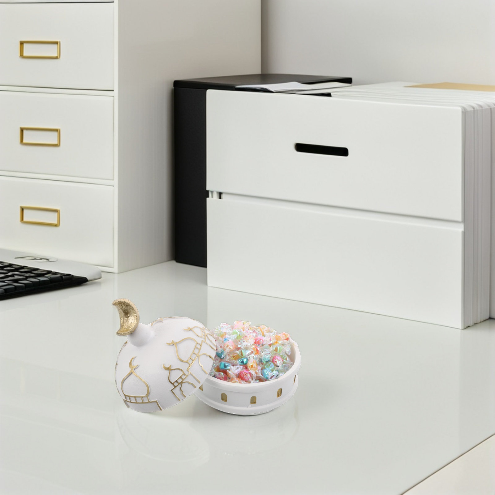 Home Decor Ramadan - イスラム風レジン製ジュエリーボックス、精巧な中空デザイン、イード・ムバラク、ラマダン用テーブルトップ装飾オーガナイザー、アラビア風ホームデコレーション