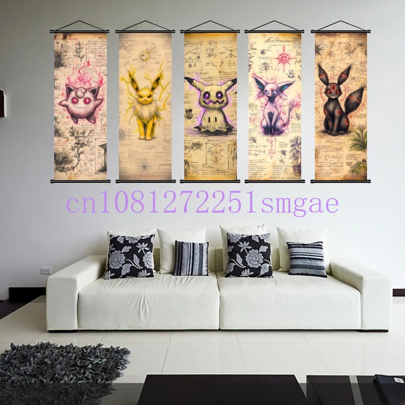 Canvas Painting - ポケモンレトロリザードンフシギダネアンブレオンゲンガースクロールアート布アニメキャラクター壁掛けポスターハロウィンクリスマス装飾