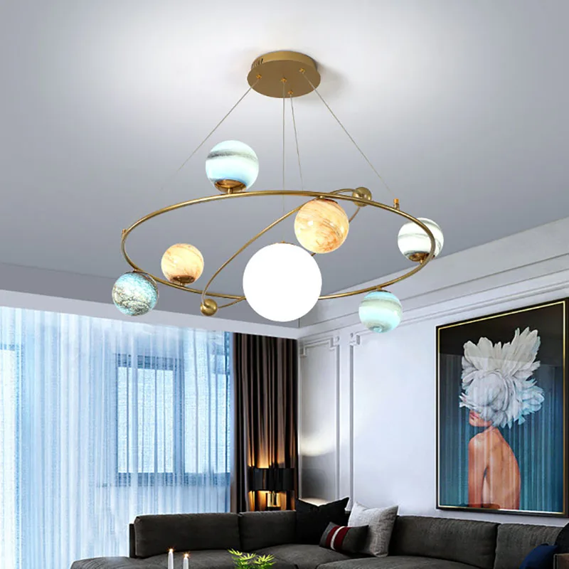 Hanging Moon Lamp - 子供部屋用の北欧の惑星型シャンデリア,LEDペンダントライト,クリエイティブなムーンランプ,シンプルな吊り下げ式ライト,地球,リビングルーム