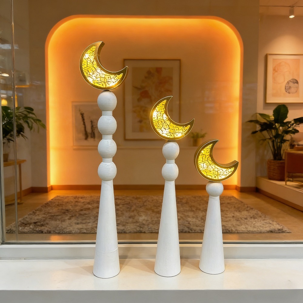 Home Decor Ramadan - 新しい中東アラビア木製発光ムーンオーナメント3個セット イード・ムバラク ラマダンパーティー ホームデコレーション