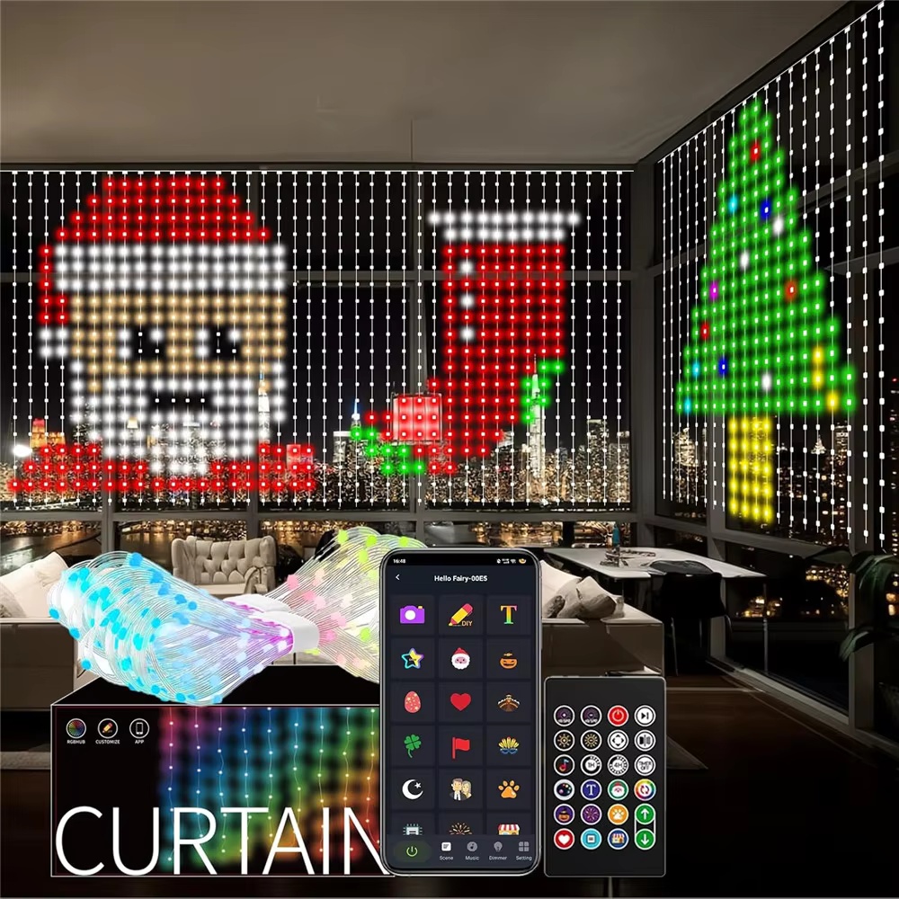 Home Decor App Free - スマートRGBピクセルカーテンライト Bluetoothアプリ制御 DIYテキストパターン プログラム可能なLEDカーテンストリングライト 音楽同期 リモコン付き