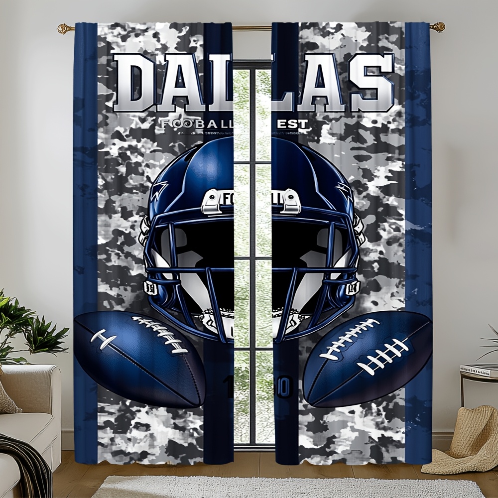 Home Decor Dallas - ダラスフットボールドアカーテン2枚、ブルーホワイト迷彩ヘルメットフットボール半透明ロッドポケット、寝室リビングルームの装飾用