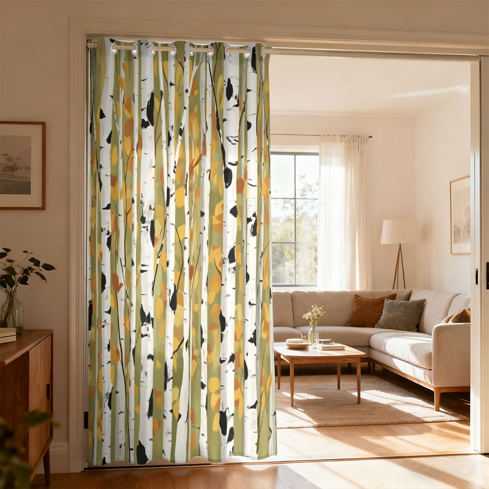 Home Decor Curtain - 1pc 秋の白樺の森プリントシングルループカーテンシングルループカーテンリビングルーム寝室ドア家の装飾