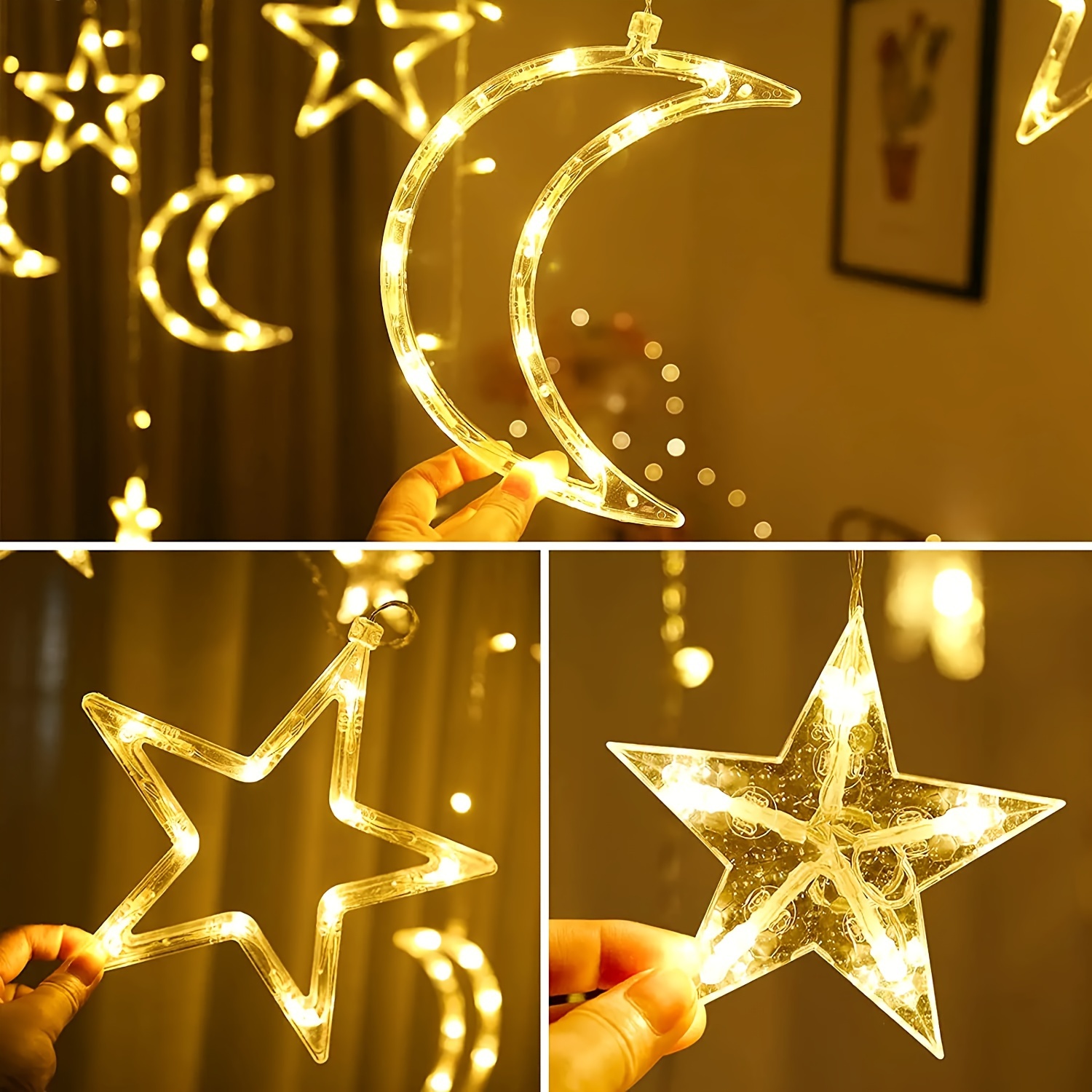 350万個のソーラーバッテリー駆動の星と月のLEDカーテンス - Hanging Moon Lamp のレビューと価格