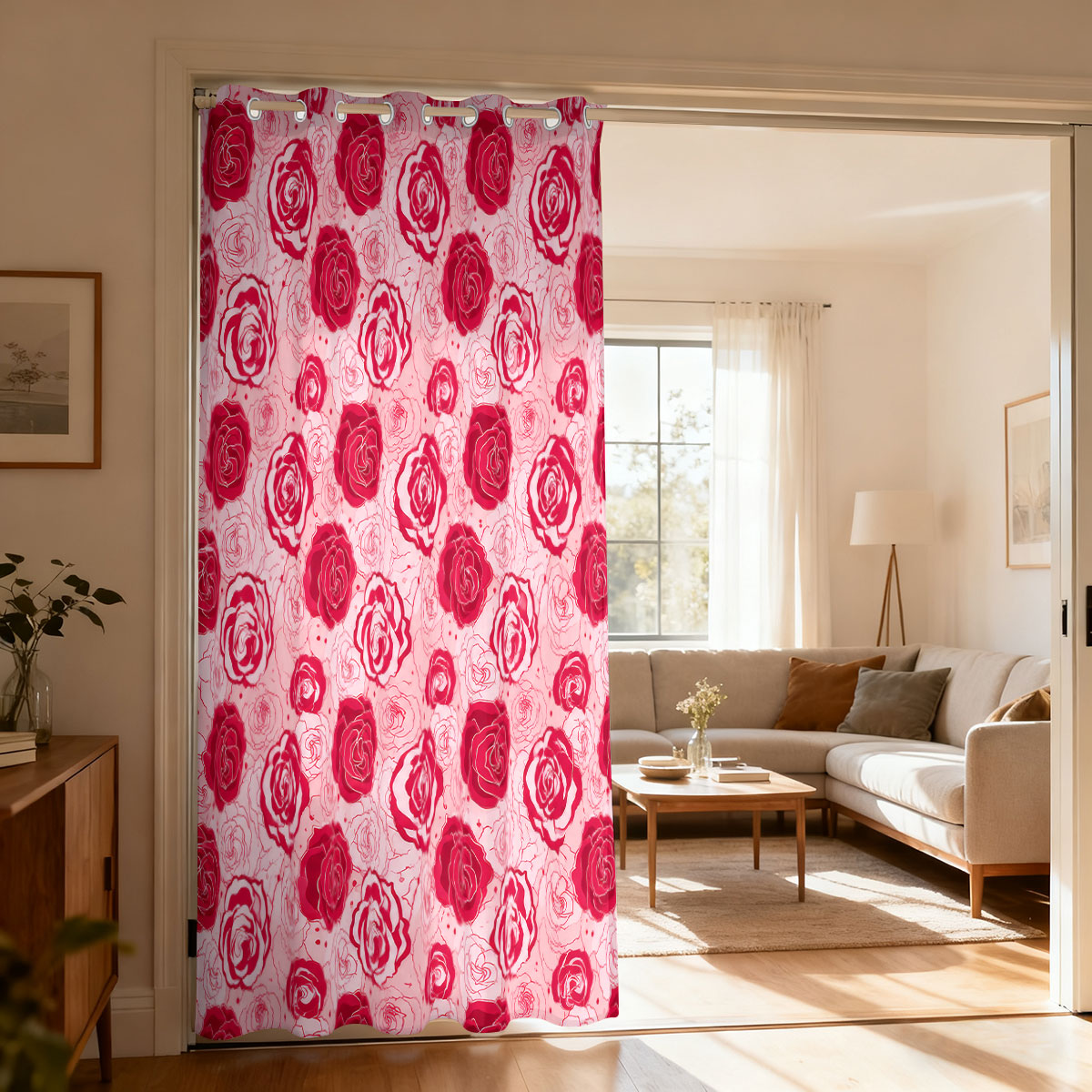 1pc ライトグリーンベースピンクローズフローラルシングルル - Home Decor Curtain のレビューと価格