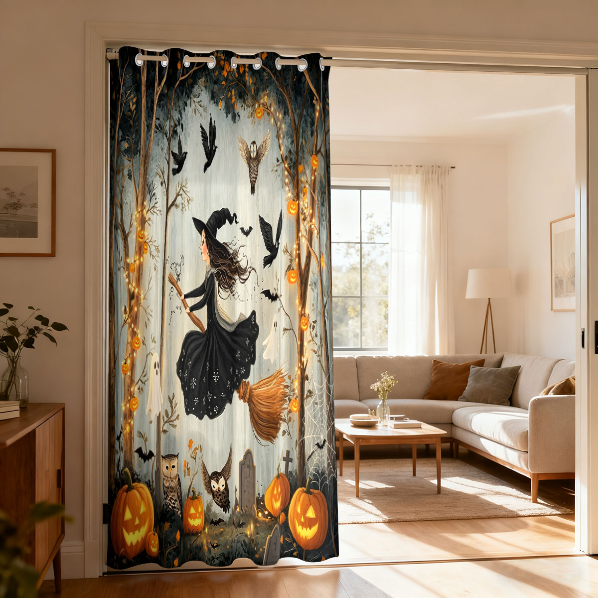 1PC ハロウィン魔女カボチャゴーストフォレストプリントシン - Home Decor Curtain のレビューと価格